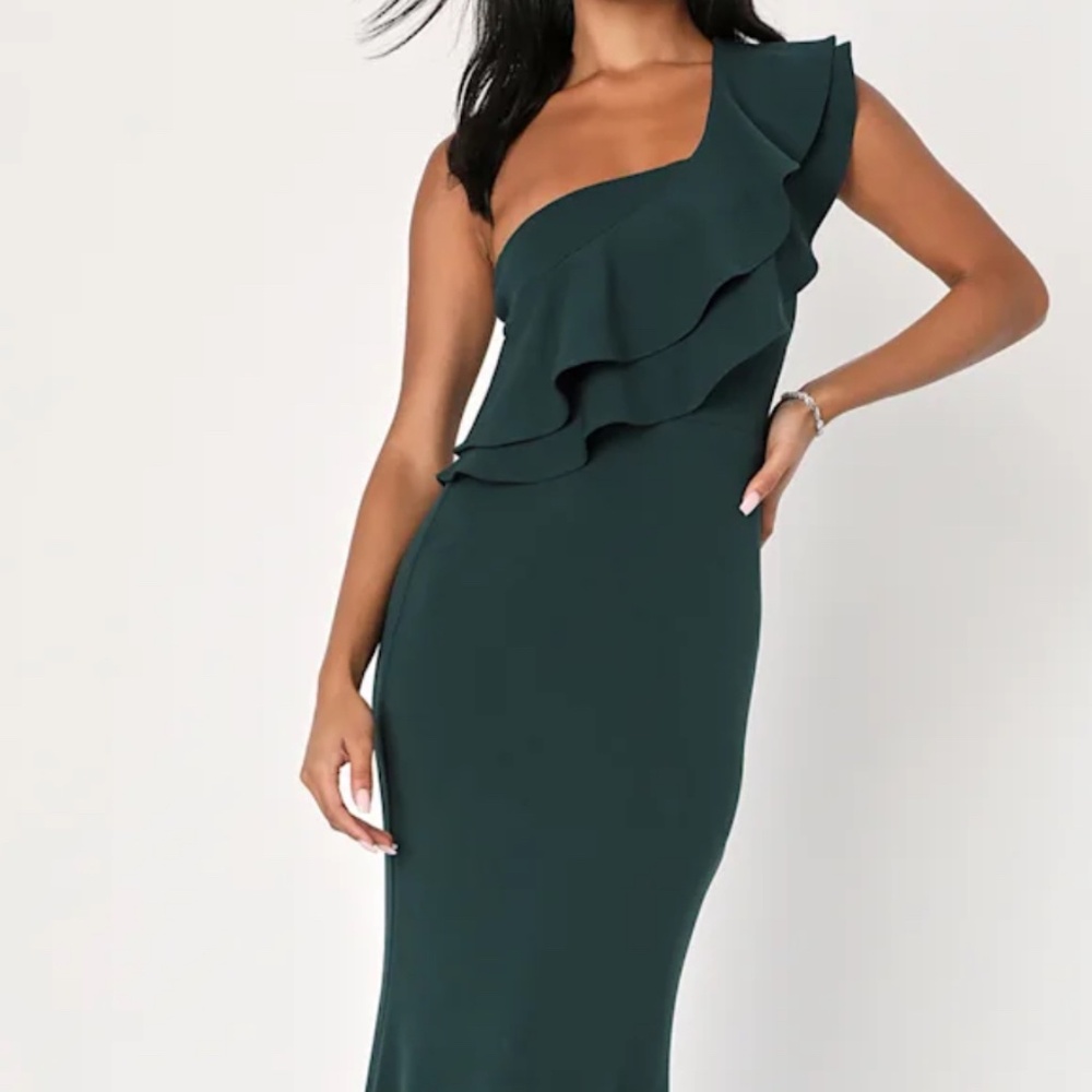 Lulus Grand Beauty Emerald Ruffled One-shoulder Mermaid Maxi Dress Green
